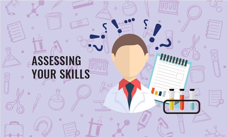 assessing-your-skills-getreskilled image-of-man-with-chart-and-test-tubes-looking-confused-suggesting-assessing-your-skills-for-a-pharmaceutical-job-hunt