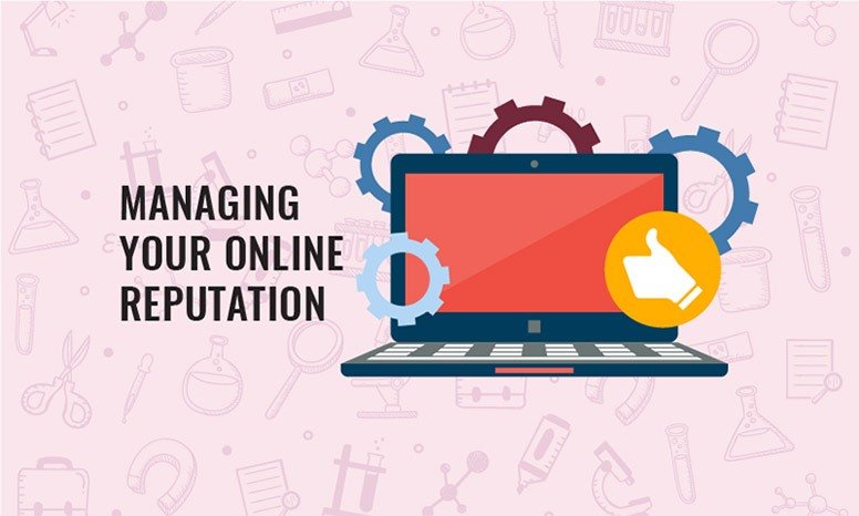managing-your-online-reputation-getreskilled image-of-laptop-cogs-and-thumbs-up-implying-managing-your-online-reputation