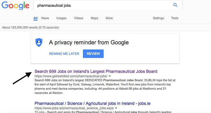 image showing google search result for query pharmaceutical jobs