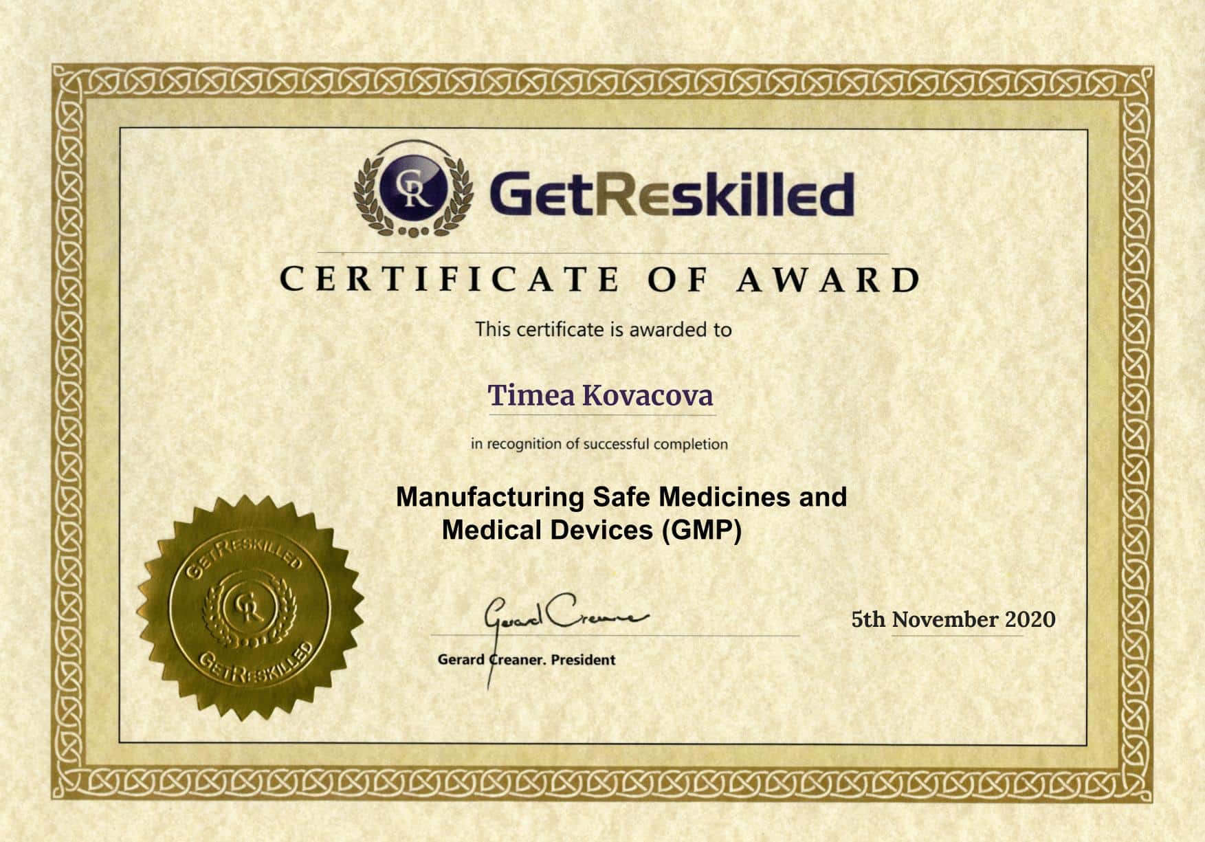 Timea Kovacova 'Manufacturing Safe Medicines and Medical Devices' GMP certificate