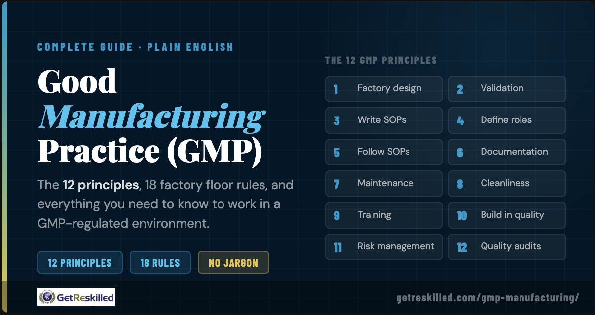Good Manufacturing Practice (GMP) The 12 principles, 18 factory floor rules, and everything you need to know to work in a GMP-regulated environment. Good Manufacturing Practice (GMP) The 12 principles, 18 factory floor rules, and everything you need to know to work in a GMP-regulated environment.