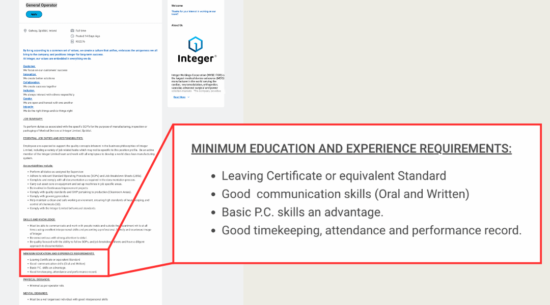 Example job advert 1 An example job advert with the minimum education and experience section highlighted