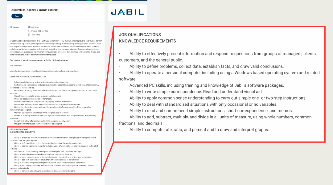Example job advert 2 An example job advert with the knowledge requirements section highlighted