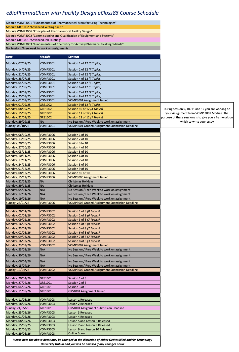 eClass83 Schedule